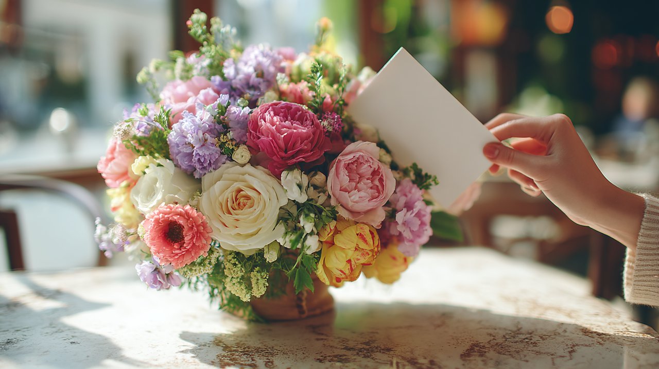 A hand placing a handwritten card on a thoughtfully arranged flower bouquet.