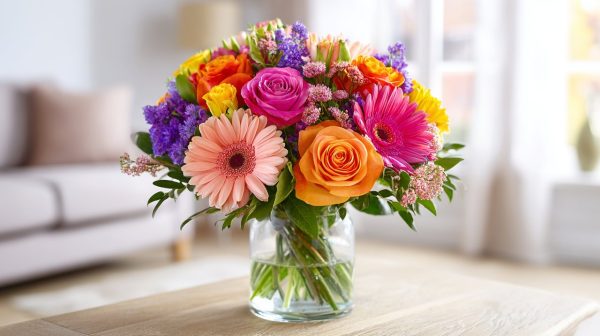 A modern, vibrant birthday flower bouquet on a bright table.