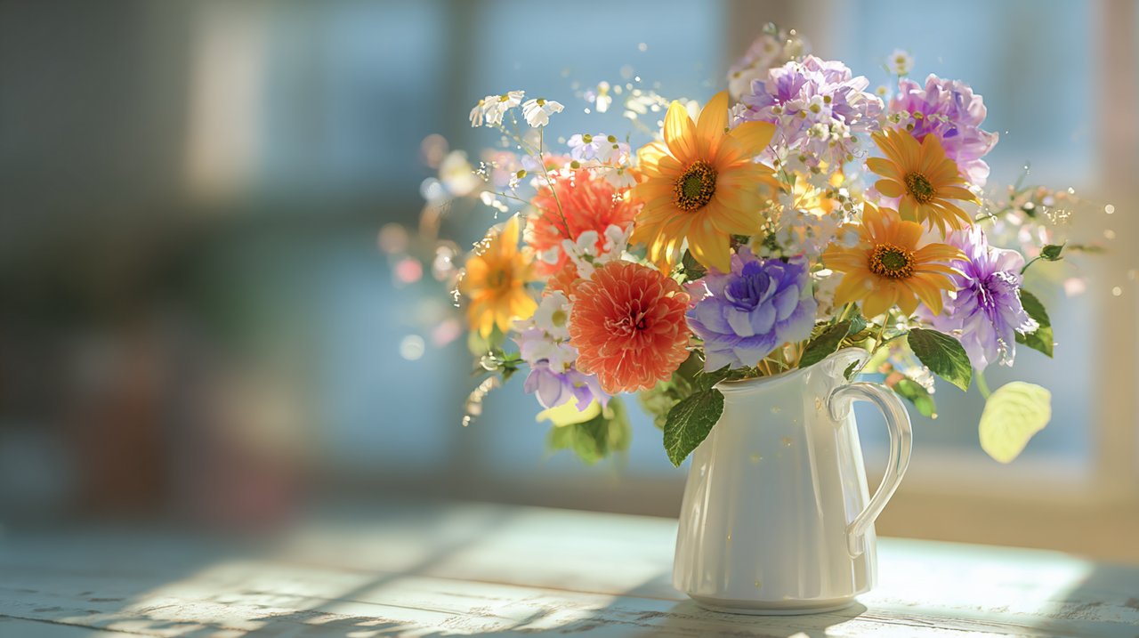 A vibrant bouquet of mixed flowers in a modern living room.