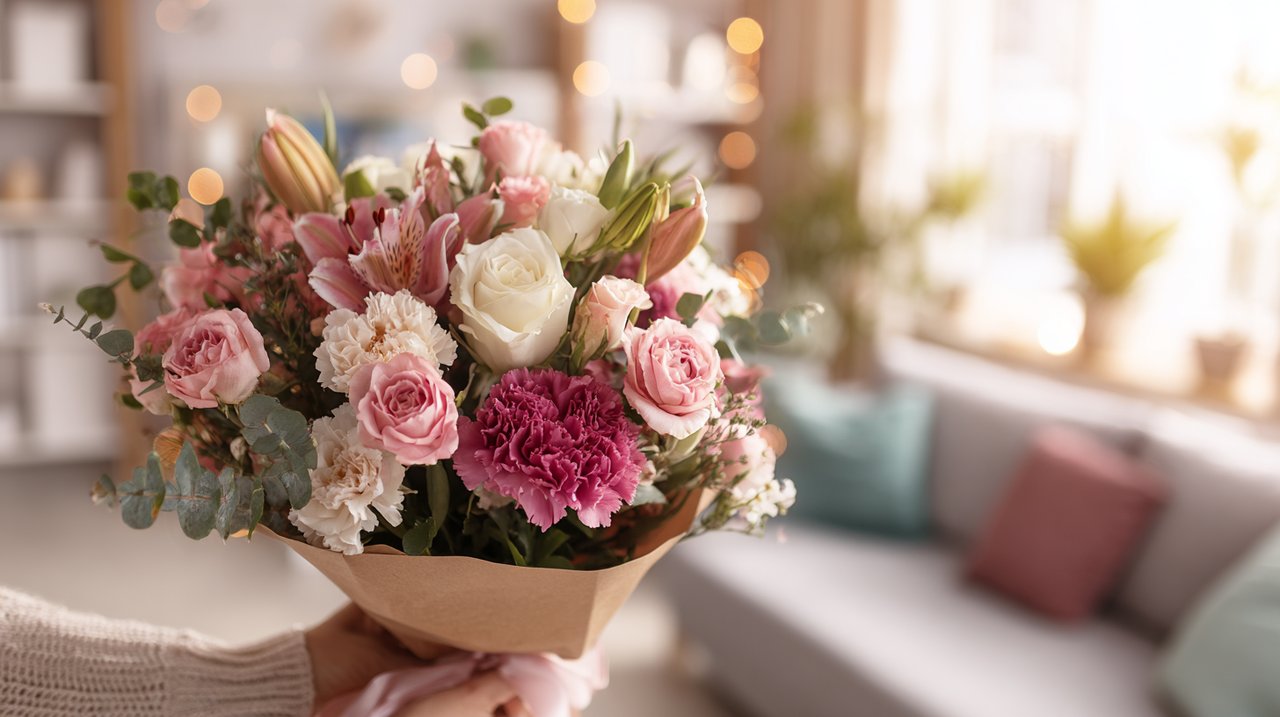 Hands gently holding a bouquet, symbolizing emotional connection.