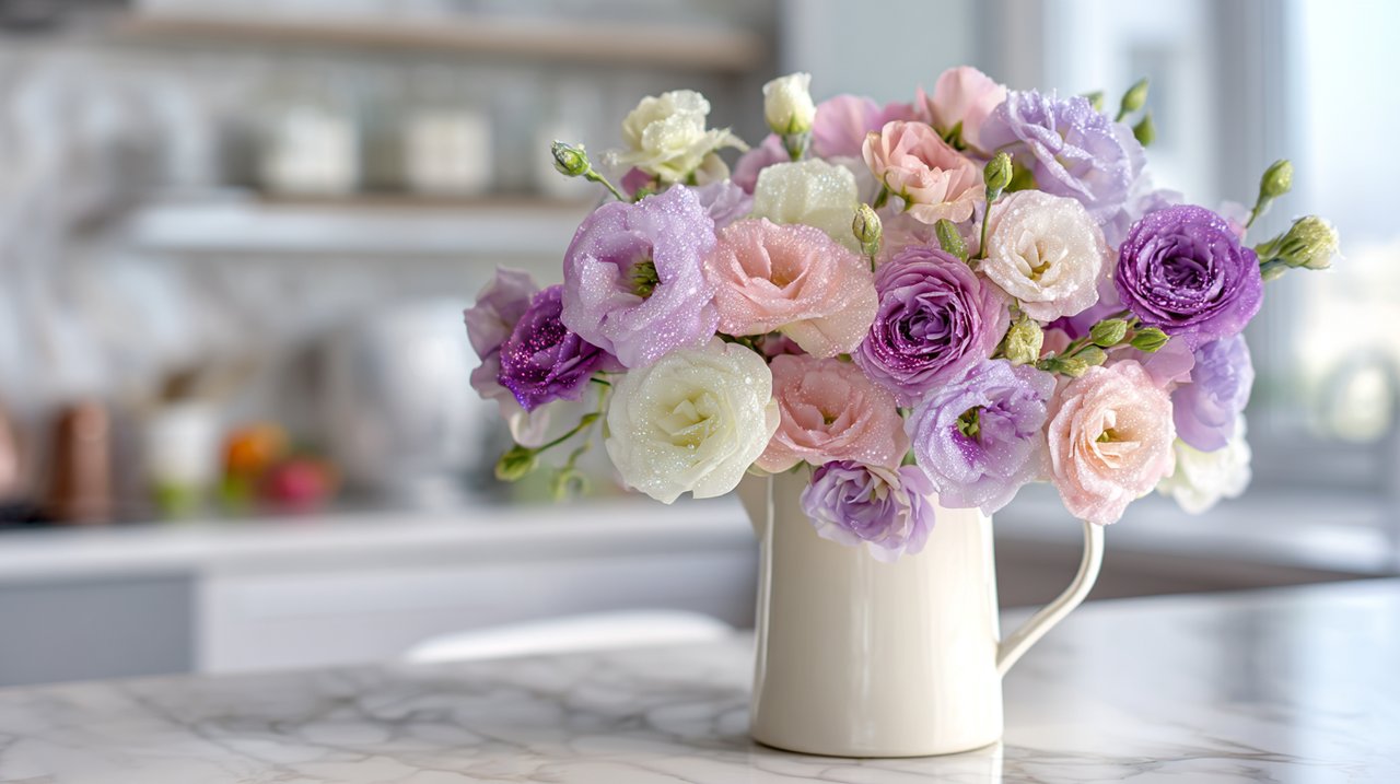 A beautiful bouquet of Eustoma in a modern ceramic pitcher.