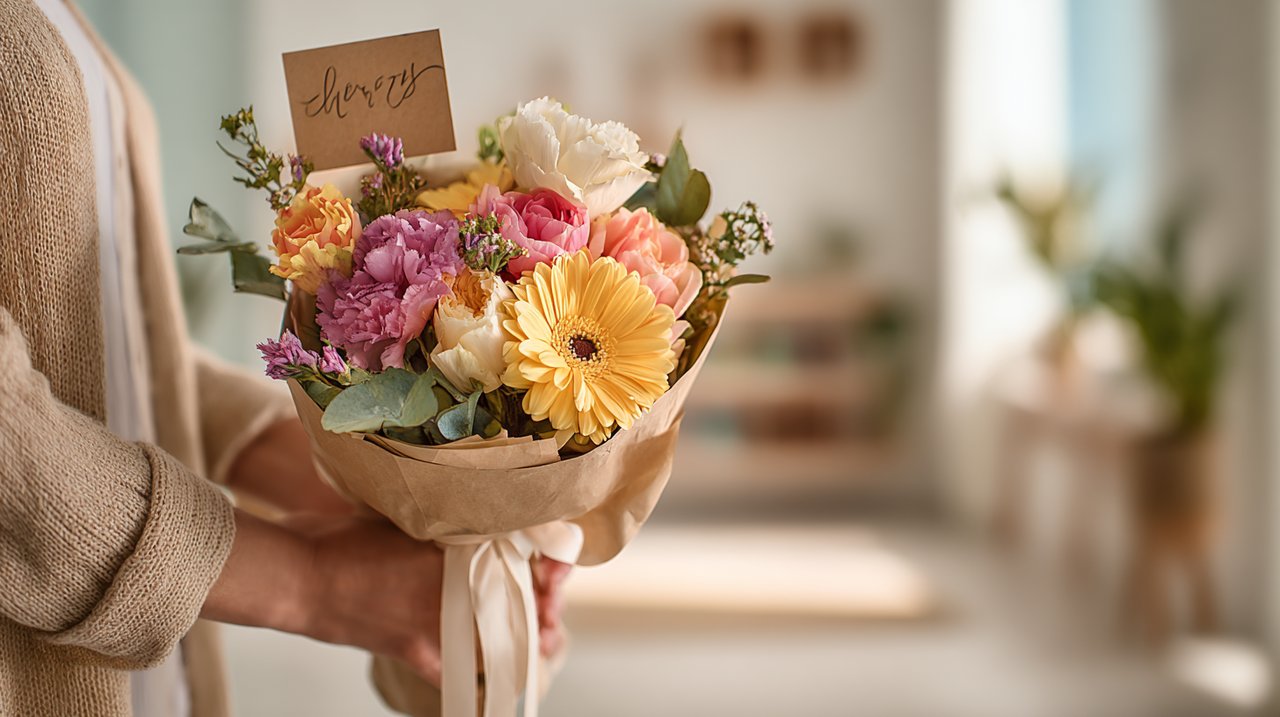 Hands gently holding a beautifully wrapped birthday bouquet with a handwritten card.