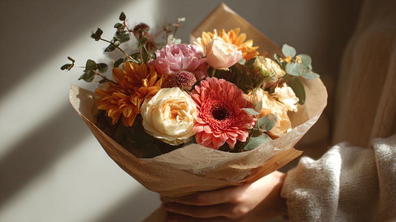Hands gently holding a beautifully wrapped bouquet of flowers, conveying warmth and personal connection.