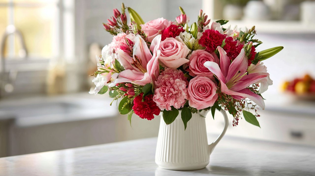A diverse bouquet of popular birthday flowers like roses, lilies, and carnations, with dew drops.