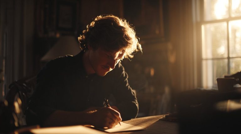 A person deep in thought, struggling to write a heartfelt message.