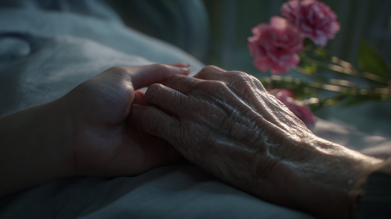 A gentle hand holding an elder's hand, conveying silent support.