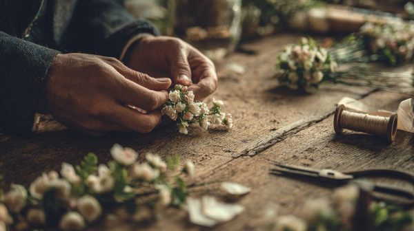 Hands crafting a delicate boutonniere on a wooden table with natural light.