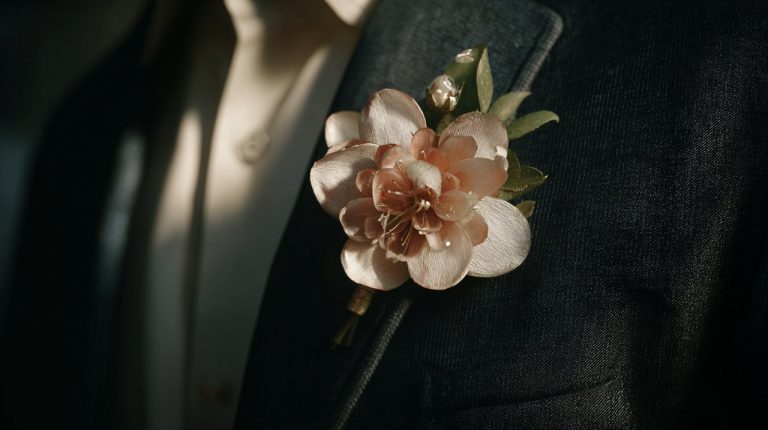 An elegant boutonniere on a suit lapel, illuminated by soft light.
