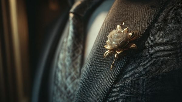 A person elegantly wearing a boutonniere on their formal attire, subtly prominent.