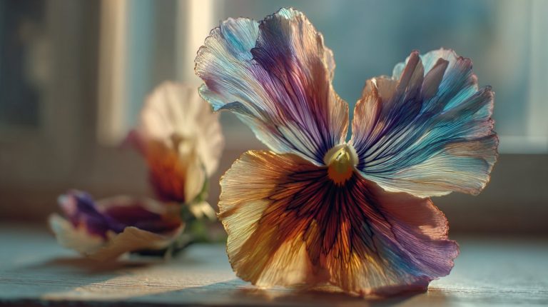 A close-up of a vibrant butterfly flower by a sunlit window.