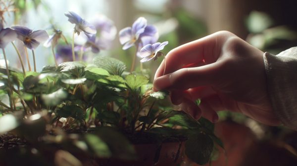A hand gently tending to a potted butterfly flower, symbolizing care.