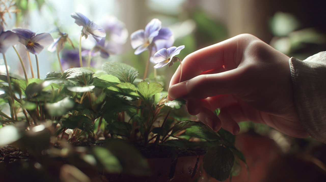 A hand gently tending to a potted butterfly flower, symbolizing care.