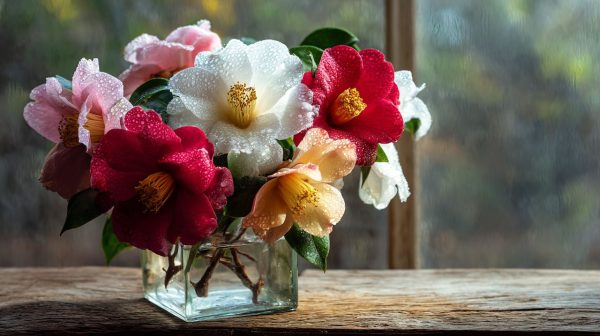 A beautiful arrangement of various colored camellias.