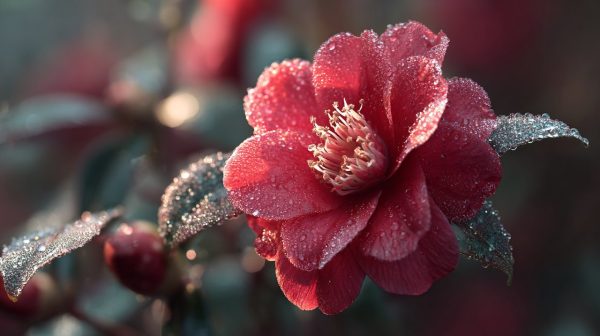 A single red camellia blooming in a winter garden.