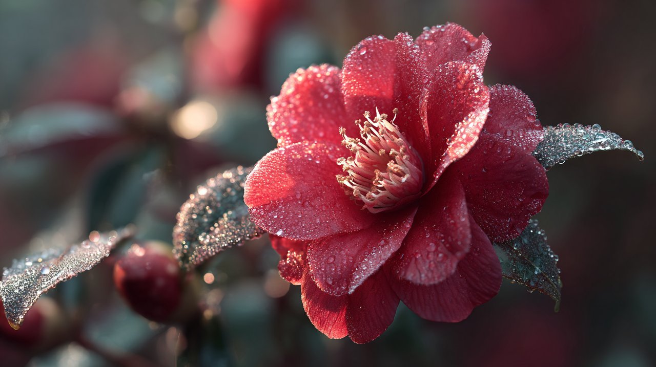 A single red camellia blooming in a winter garden.