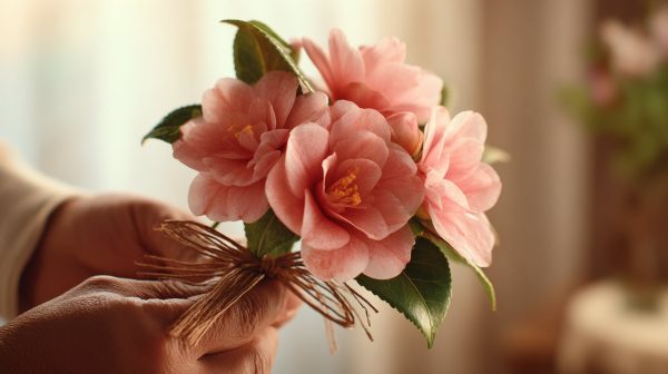 Hands gently holding a small bouquet of pink camellias.
