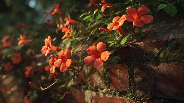 Extensive trumpet vine covering a large old wall.