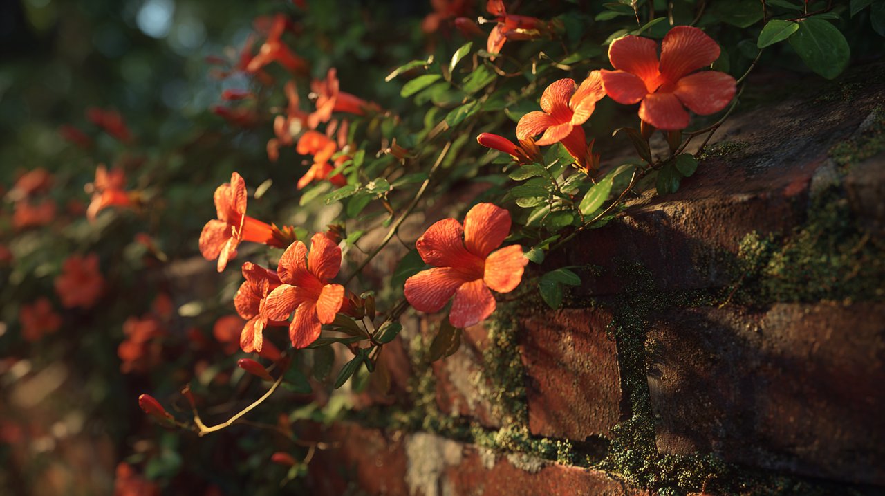 Extensive trumpet vine covering a large old wall.