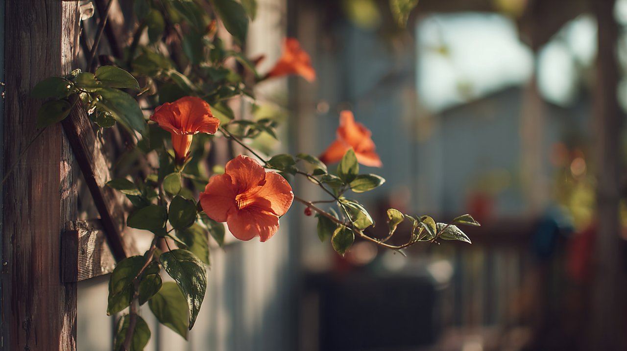 Trumpet vine growing on a balcony trellis in a home setting.
