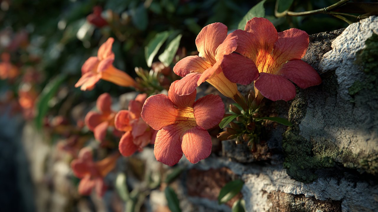 Vibrant orange trumpet vine flowers on an old brick wall.