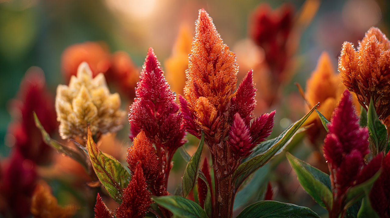 Cockscomb flowers growing in a sunny garden with morning dew.