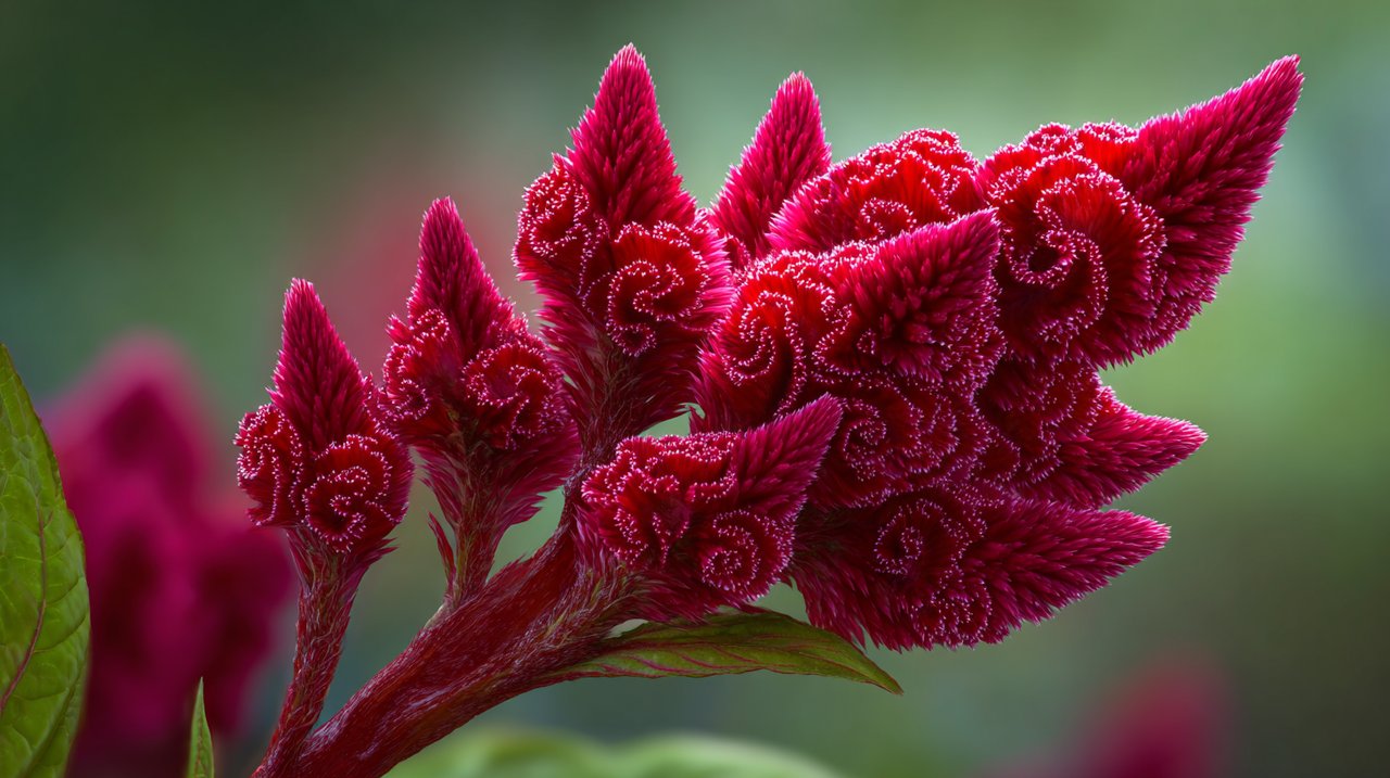 A close-up of a vibrant red cockscomb flower.