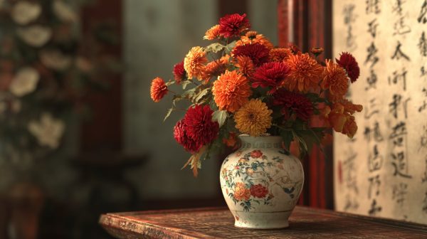 Cockscomb flowers in a traditional Chinese setting, symbolizing good fortune.