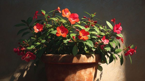 Vibrant Impatiens flowers growing in a pot on a sunny balcony.