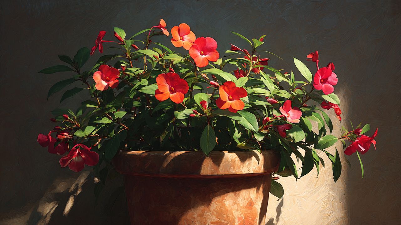 Vibrant Impatiens flowers growing in a pot on a sunny balcony.