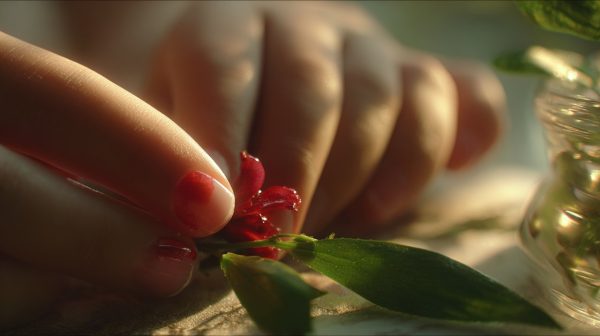 A child's hand being adorned with Impatiens paste by an elder.