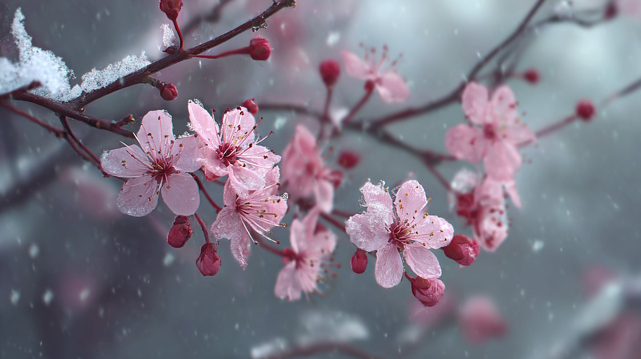 Delicate pink plum blossoms blooming in snow, symbolizing resilience.