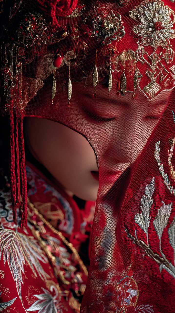A Chinese bride in a phoenix crown and embroidered robe.