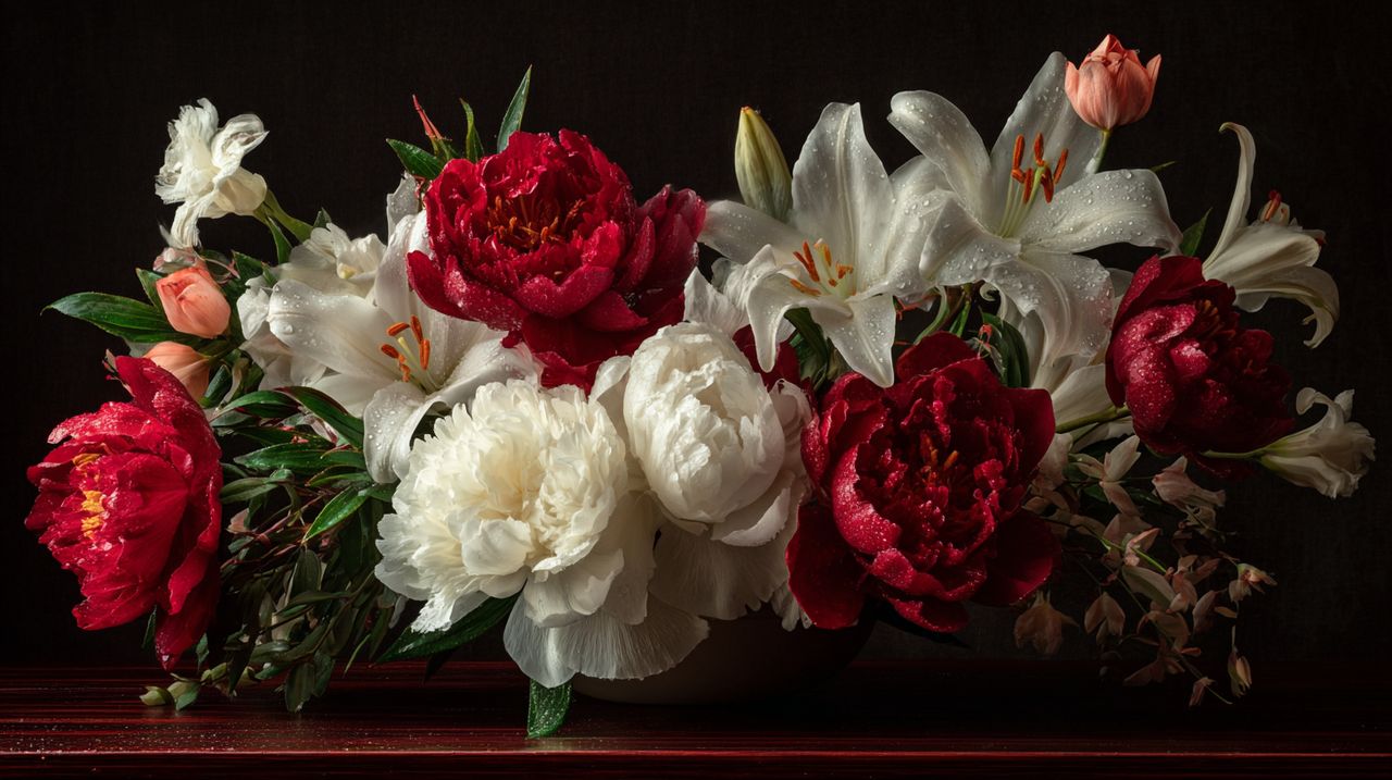 A modern Chinese wedding floral arrangement with peonies and lilies.