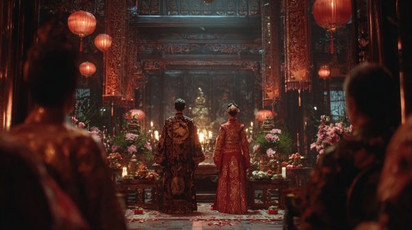A beautifully decorated traditional Chinese wedding ceremony scene.