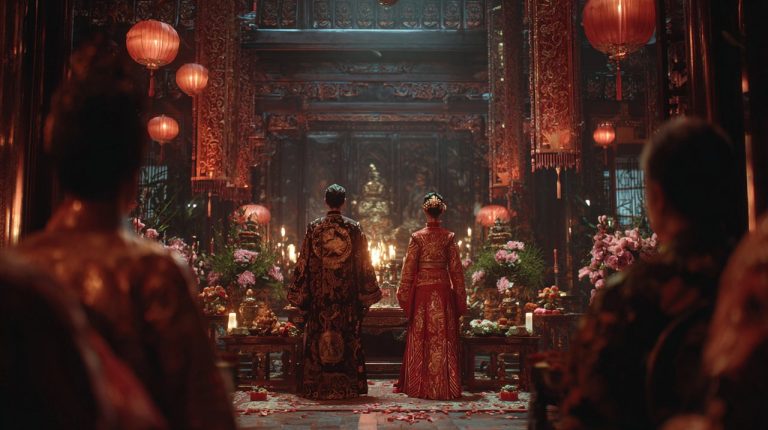 A beautifully decorated traditional Chinese wedding ceremony scene.