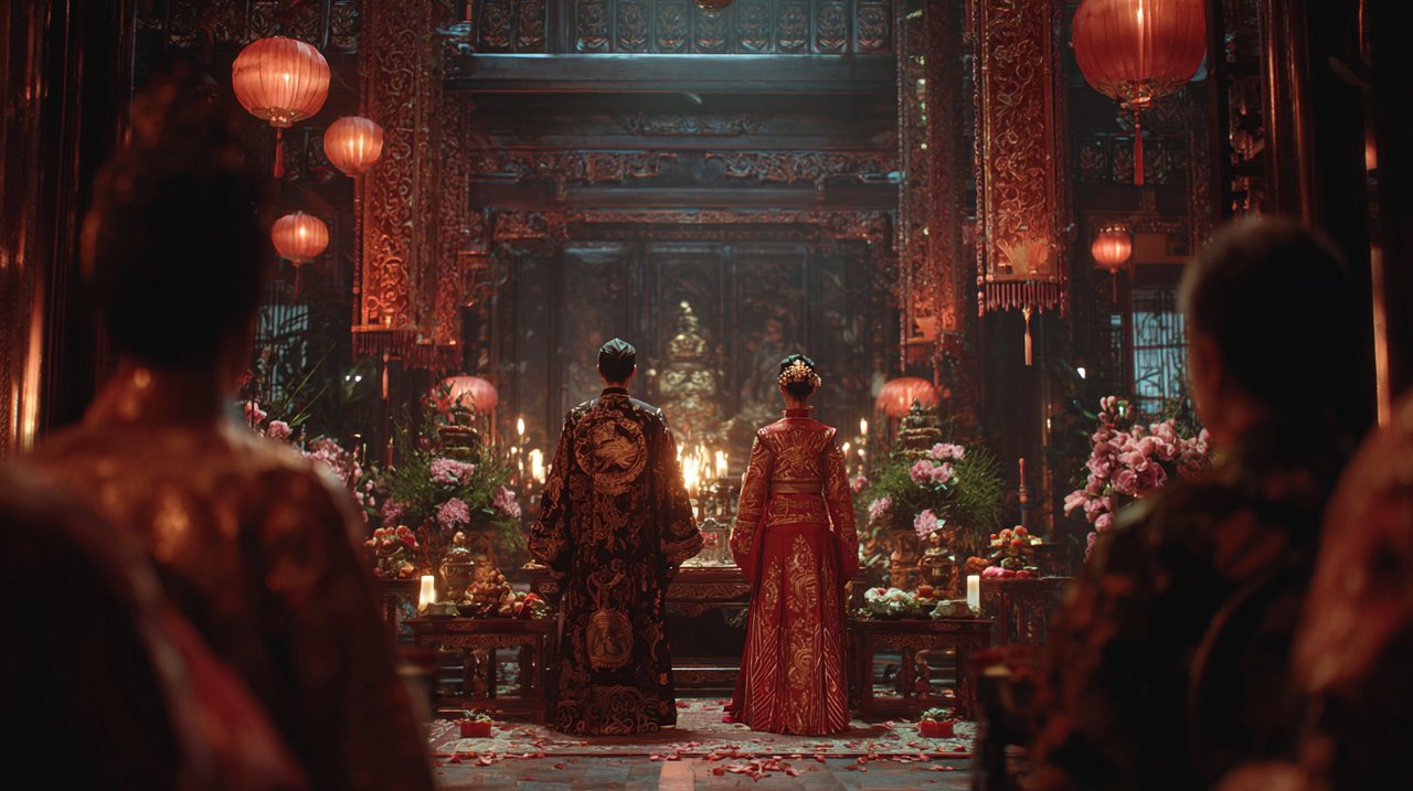A beautifully decorated traditional Chinese wedding ceremony scene.