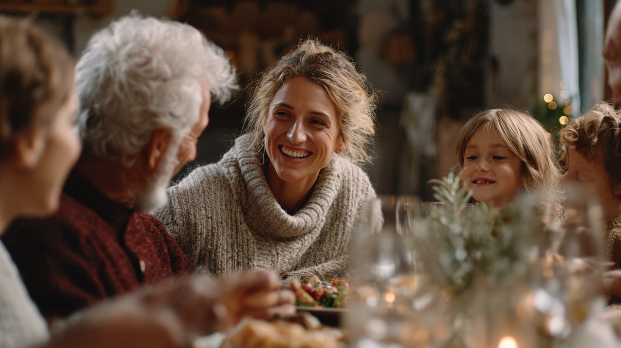 A family gathered around a dining table, sharing a meal and laughter on Christmas Eve.