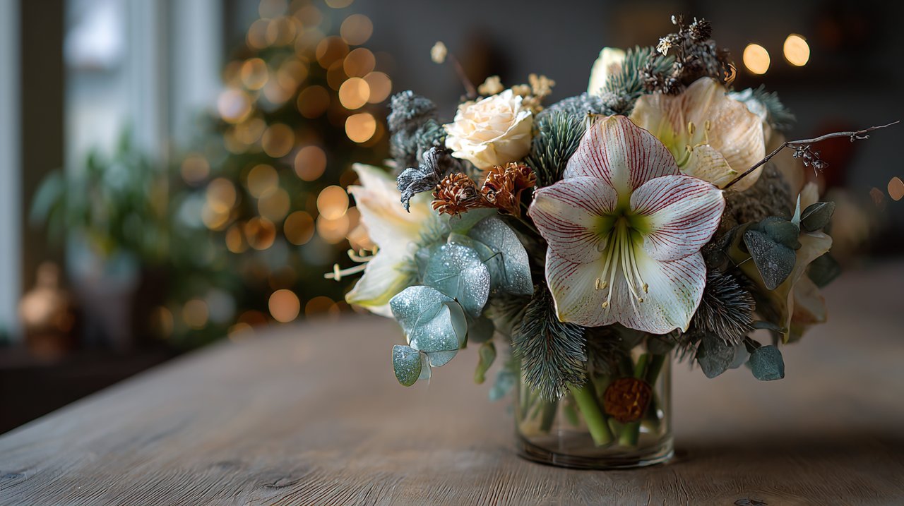 A beautiful, naturally arranged bouquet of festive flowers on a Christmas Eve table.