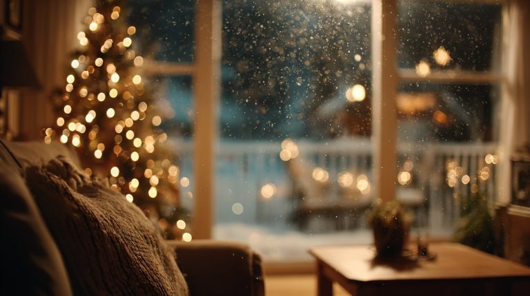 A cozy Christmas Eve scene with festive decorations and soft lighting.