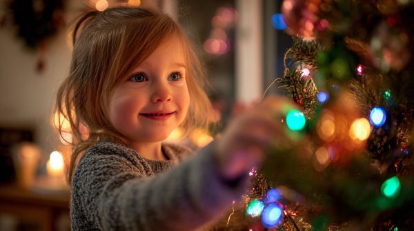 A joyful child decorating a mini Christmas tree.