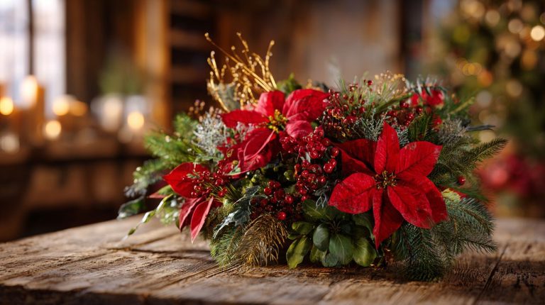 A festive Christmas floral arrangement.