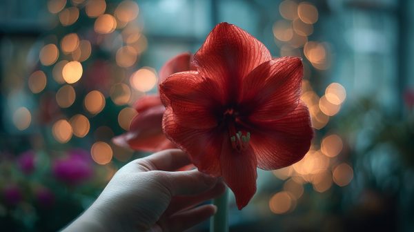 A hand gently holding a vibrant red amaryllis flower.