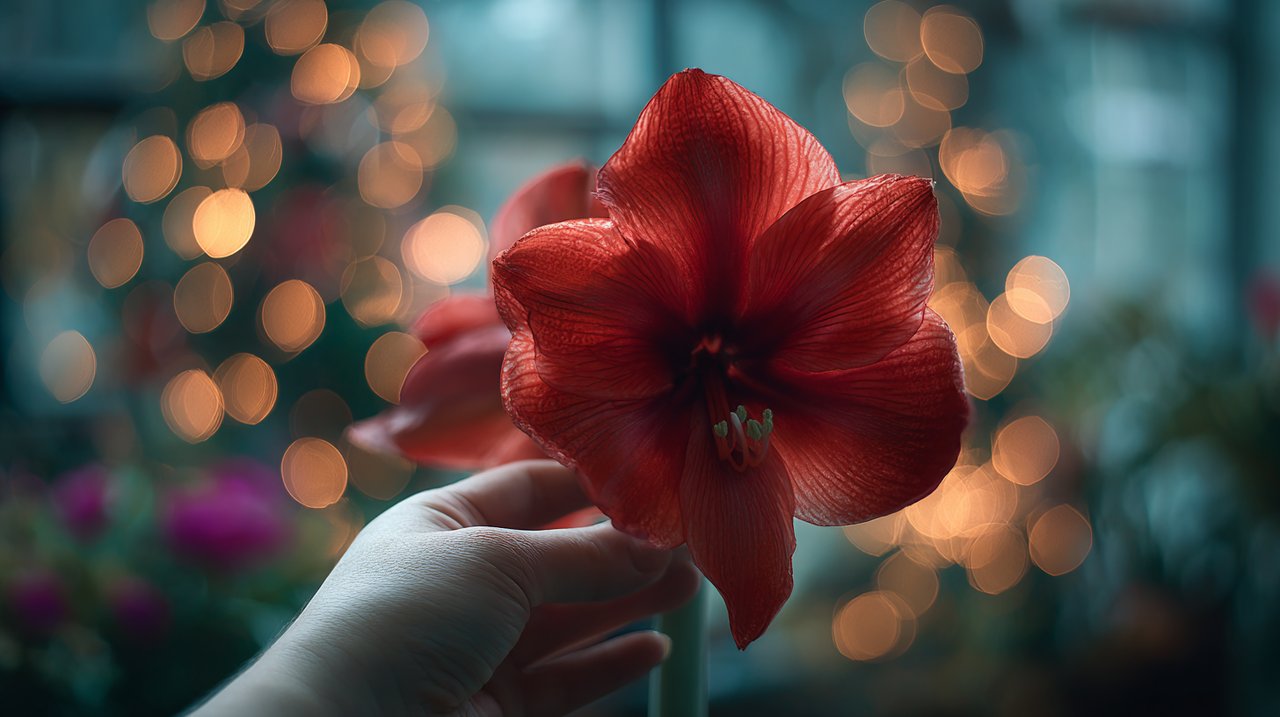 A hand gently holding a vibrant red amaryllis flower.