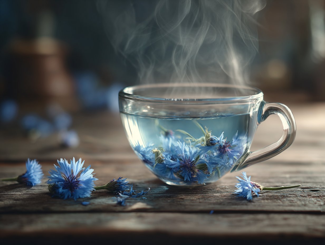 A transparent glass cup of pale blue cornflower tea.