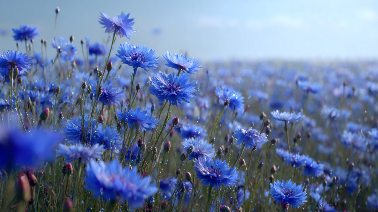 A vast field of vibrant blue cornflowers swaying gently.