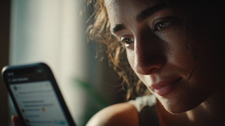 A person looking at a message on a phone with a thoughtful expression.