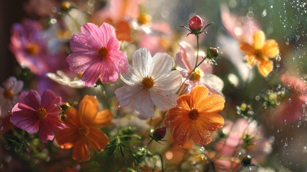Vibrant cosmos flowers blooming in a pot on a sunny balcony.