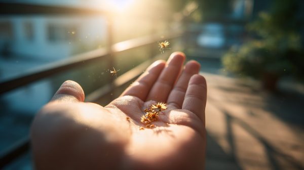 A hand gently holding tiny cosmos seeds.