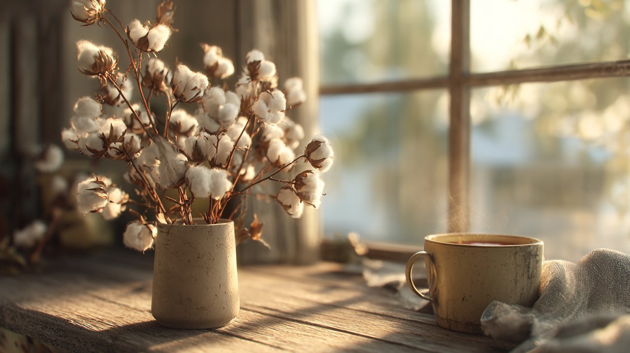 A cotton bouquet bringing tranquility to a home interior.