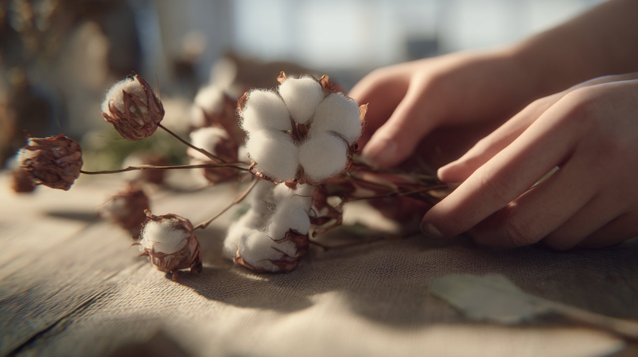 Hands gently arranging a cotton bouquet, emphasizing the crafting process.
